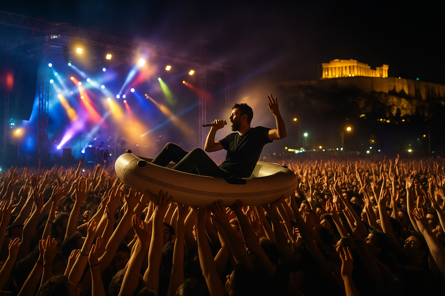 Release Athens 2026: Η στιγμή που ο Μιθιδράτης βούτηξε στο κοινό με φουσκωτή βάρκα